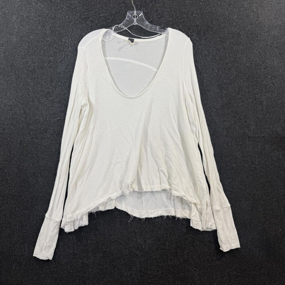 We The Free Shirt Women's Medium White Thermal Scoop Neck Raw Hem Oversized